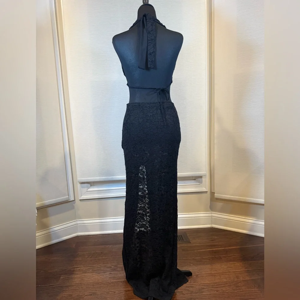 Murci Black Lace Halter Gown US 6 Plunge Neck Maxi Dress High Slit Formal - Picture 6 of 10